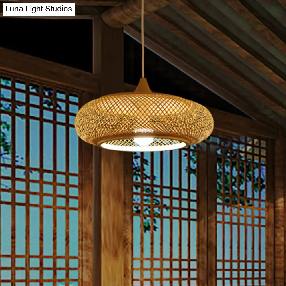 Modern 1-Bulb Wood Pendant Light Fixture With Bamboo Shade - Donut/Hat Hanging Design