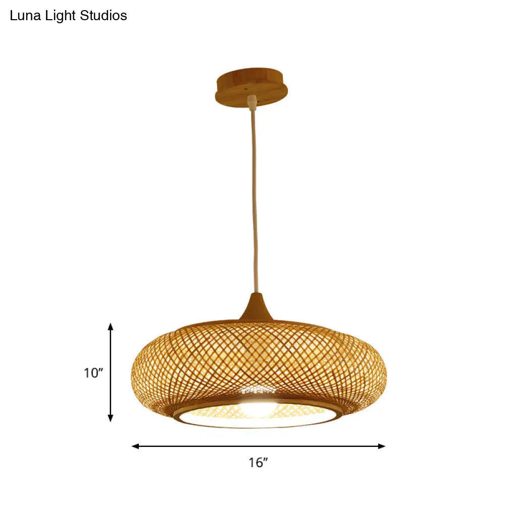 Modern 1-Bulb Wood Pendant Light Fixture With Bamboo Shade - Donut/Hat Hanging Design