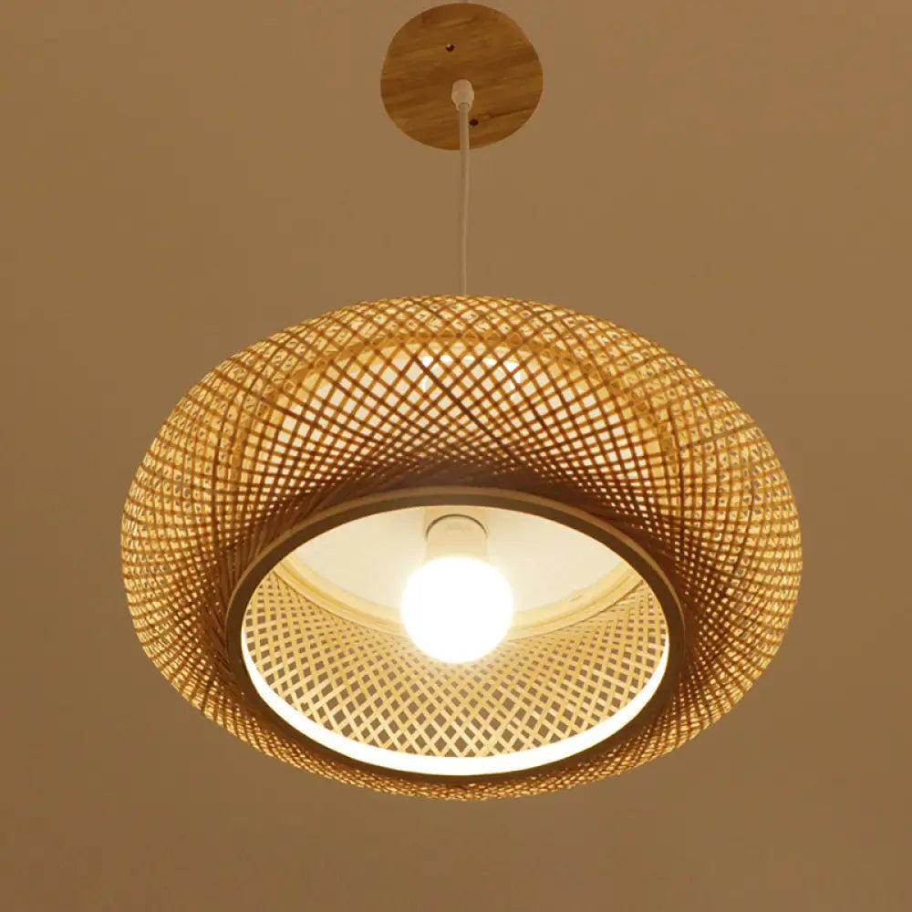 Modern 1-Bulb Wood Pendant Light Fixture With Bamboo Shade - Donut/Hat Hanging Design / B