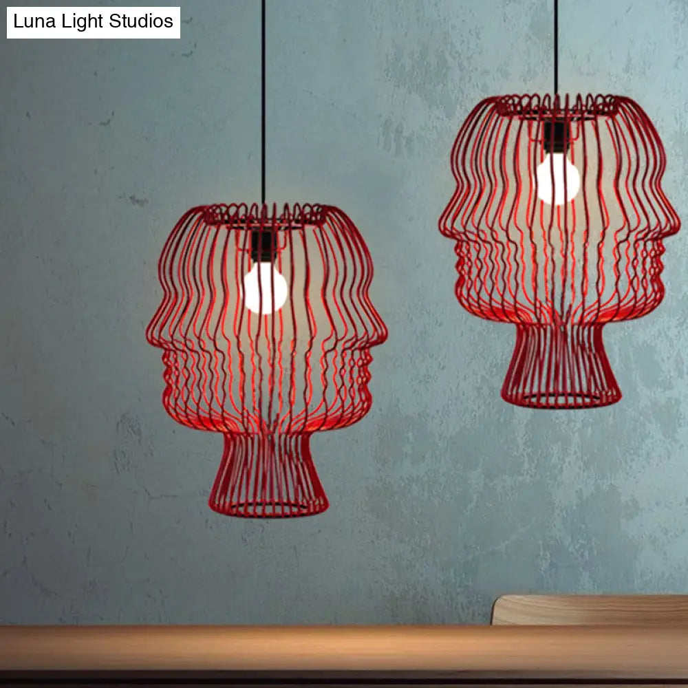 Modern 1-Head Red Metallic Pendant Light With Suspended Arc Cage - Ceiling Fixture