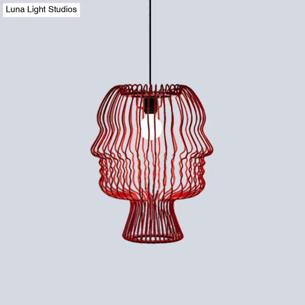 Modern 1-Head Red Metallic Pendant Light With Suspended Arc Cage - Ceiling Fixture