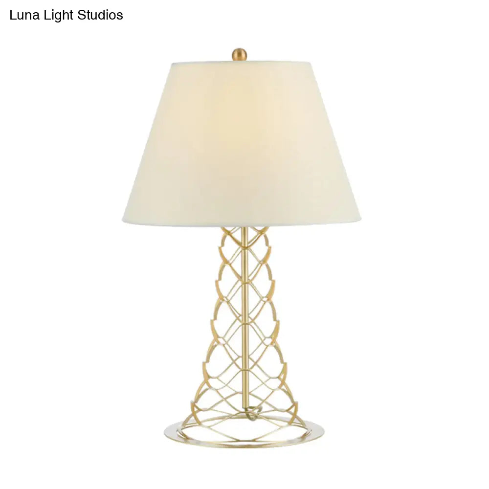 Modern 1-Head Table Lamp With Fabric Cone Shade White & Gold Nightstand Light