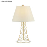Modern 1-Head Table Lamp With Fabric Cone Shade White & Gold Nightstand Light