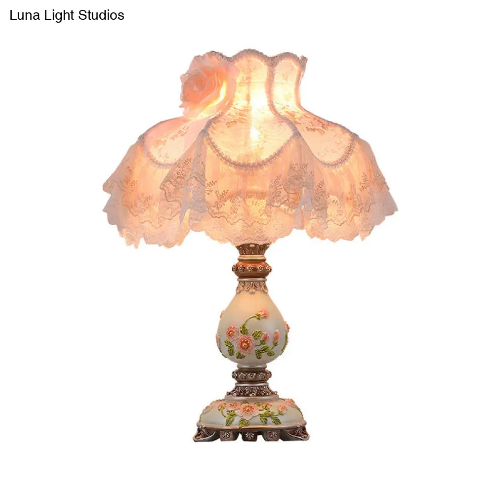 Modern 1-Light Beige Night Lamp With Lace Trim Fabric Shade & Carved Base