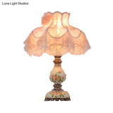 Modern 1-Light Beige Night Lamp With Lace Trim Fabric Shade & Carved Base