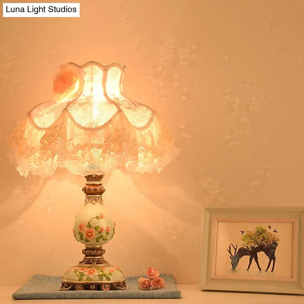Modern 1-Light Beige Night Lamp With Lace Trim Fabric Shade & Carved Base