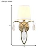 Modern 1-Light Conic Wall Lamp With Teardrop Crystal Deco In Brass - Stylish Fabric Sconce For