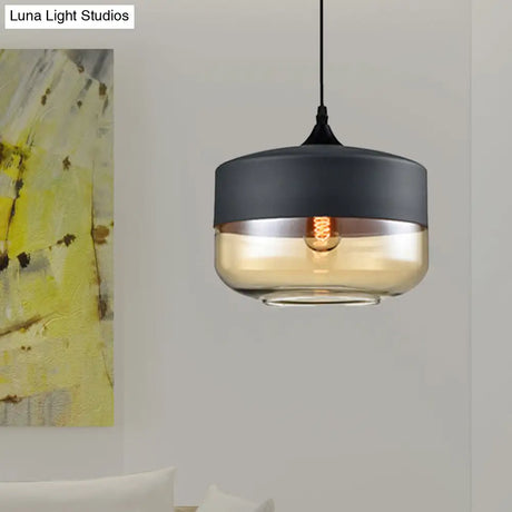 Modern 1-Light Drum/Cylinder/Jar Suspension Pendant – Clear/Yellow Glass White/Black Fixture