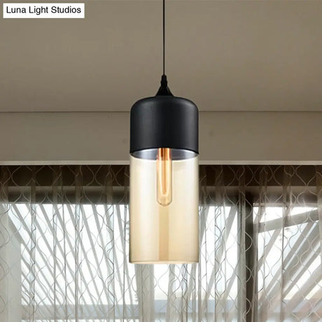 Modern 1-Light Drum/Cylinder/Jar Suspension Pendant – Clear/Yellow Glass White/Black Fixture