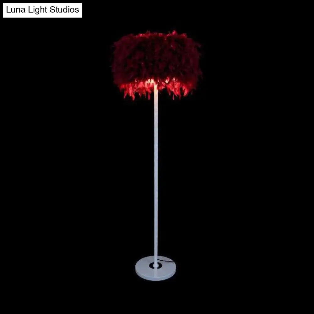 Modern 1-Light Feather Drum Shade Floor Lamp In Multi Colors For Living Room
