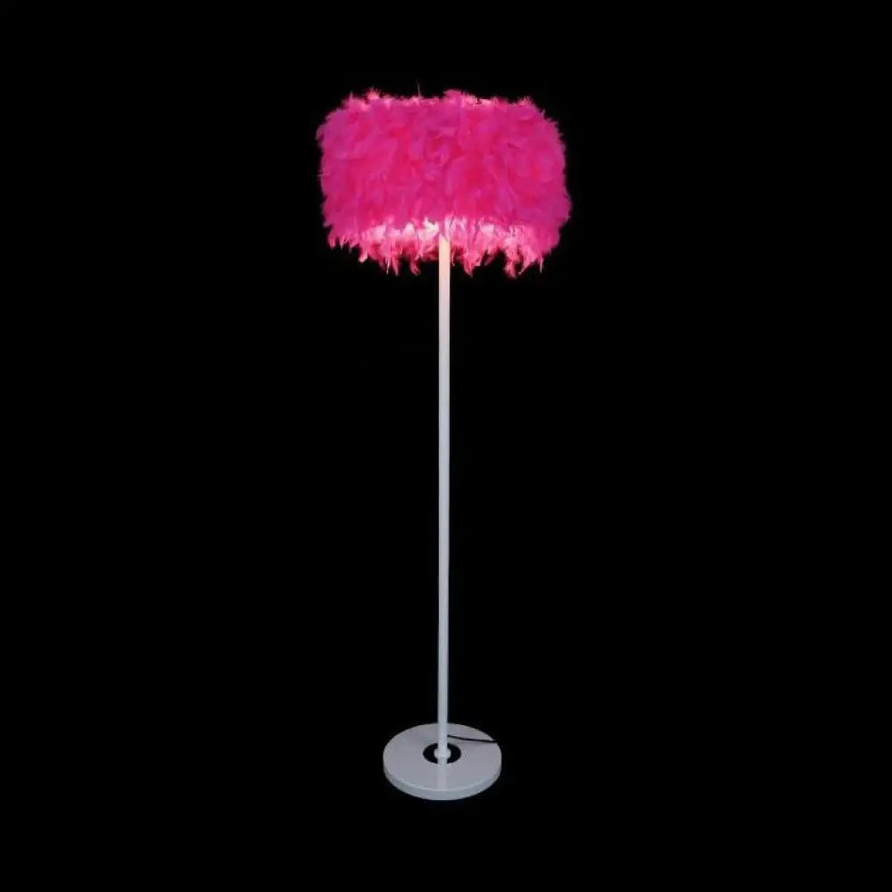 Modern 1-Light Feather Drum Shade Floor Lamp In Multi Colors For Living Room Rose Red