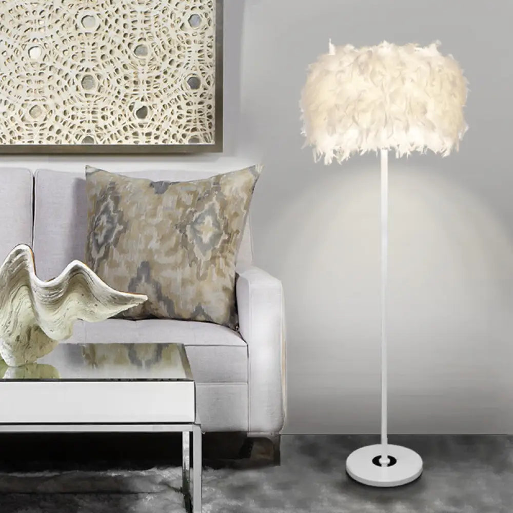 Modern 1-Light Feather Drum Shade Floor Lamp In Multi Colors For Living Room White