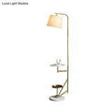 Modern 1-Light Floor Table Lamp: Beige Fabric Shade Gold Curved Arm