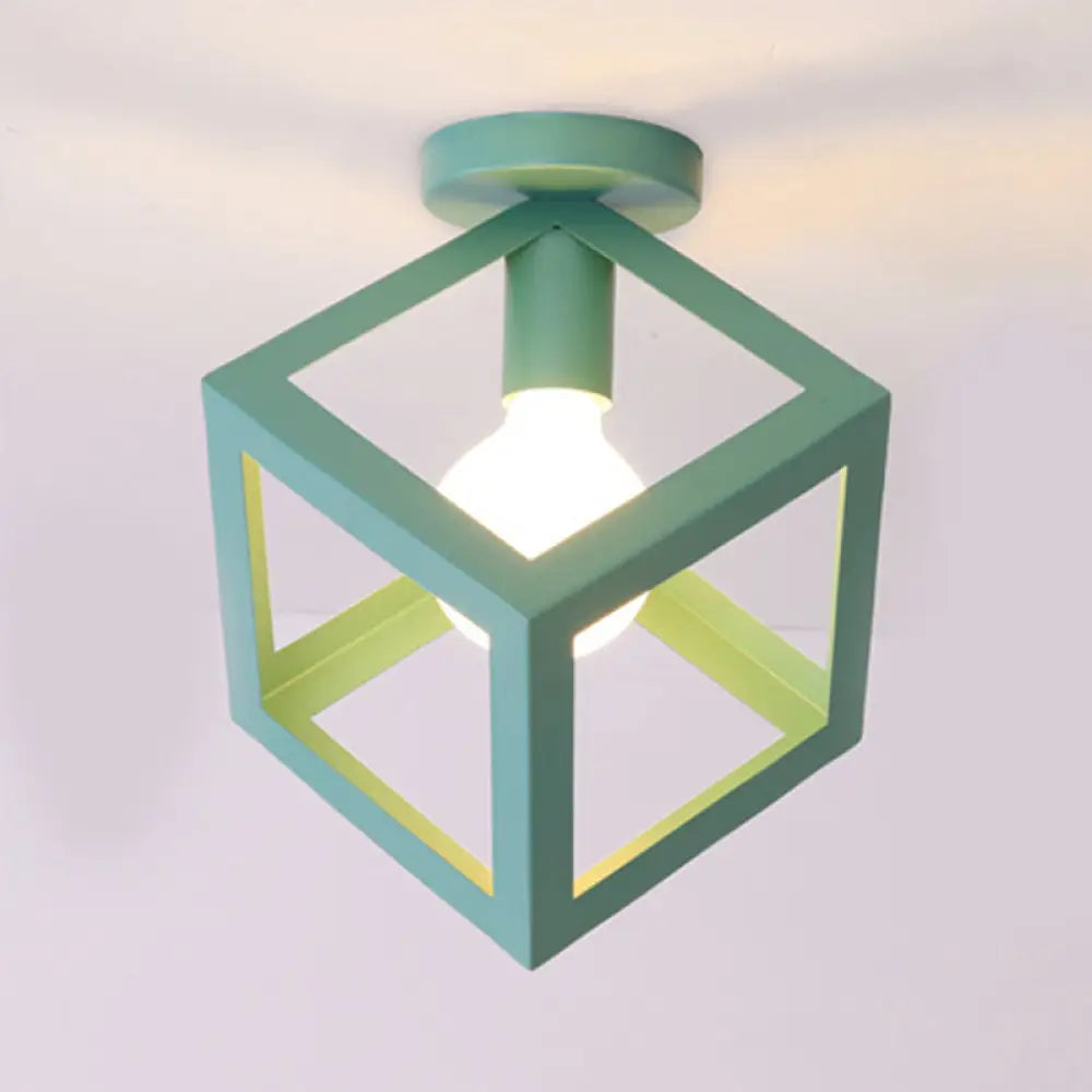 Modern 1-Light Square Ceiling Mounted Light With Wire Guard - Loft Style Semi-Flush Lighting For