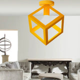 Modern 1-Light Square Ceiling Mounted Light With Wire Guard - Loft Style Semi-Flush Lighting For