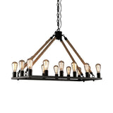 Modern 10/14 Lights Rectangle Hanging Lamp - Loft Style Black Metallic With Rope Island Lighting 14