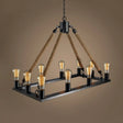 Modern 10/14 Lights Rectangle Hanging Lamp - Loft Style Black Metallic With Rope Island Lighting 10