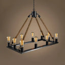 Modern 10/14 Lights Rectangle Hanging Lamp - Loft Style Black Metallic With Rope Island Lighting 10