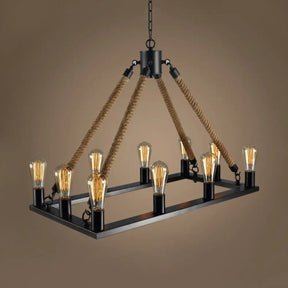 Modern 10/14 Lights Rectangle Hanging Lamp - Loft Style Black Metallic With Rope Island Lighting 10