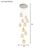 Modern 10-Head Silver Pendant Lamp With Clear Glass Sphere Shades - Ideal For Stairs And Suspension
