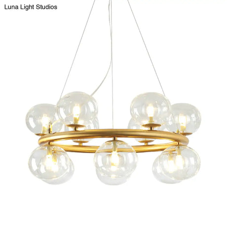Modern 12-Bulb Gold Chandelier With Clear Glass Shade - Stylish Globe Suspension Light