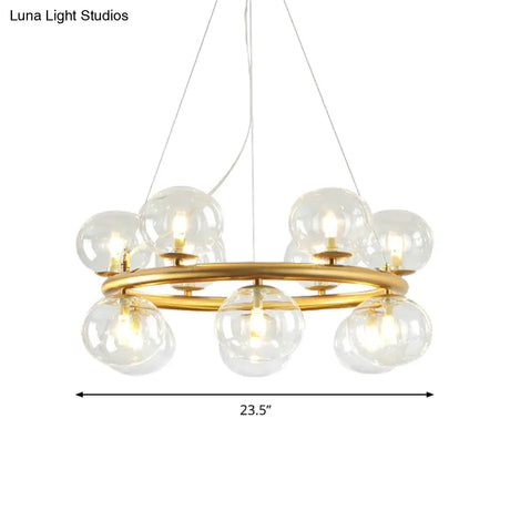 Modern 12-Bulb Gold Chandelier With Clear Glass Shade - Stylish Globe Suspension Light