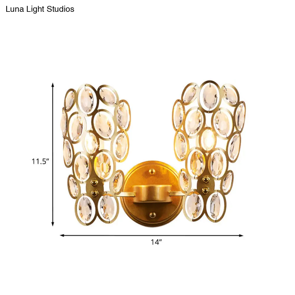 Modern 2-Bulb Crystal Wall Lamp With Gold Finish For Bedside