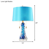 Modern 2-Head Conical Fabric Nightstand Lamp In Blue With Pull Chain - Task Lighting