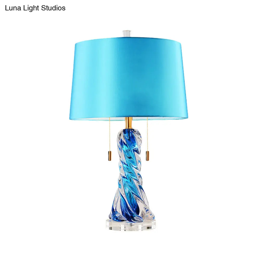 Modern 2-Head Conical Fabric Nightstand Lamp In Blue With Pull Chain - Task Lighting