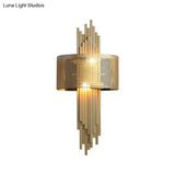 Modern 2-Head Gold Wall Sconce Lamp With Mesh Drum Shade
