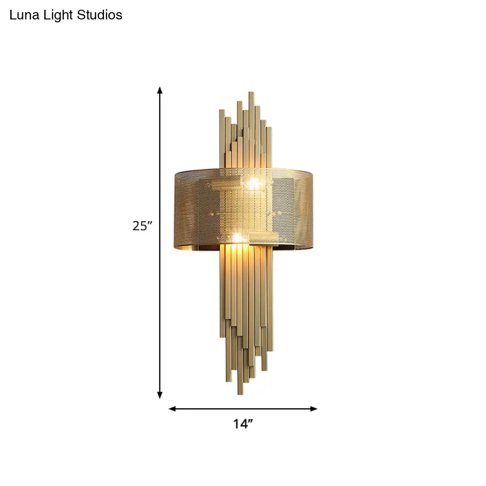 Modern 2-Head Gold Wall Sconce Lamp With Mesh Drum Shade
