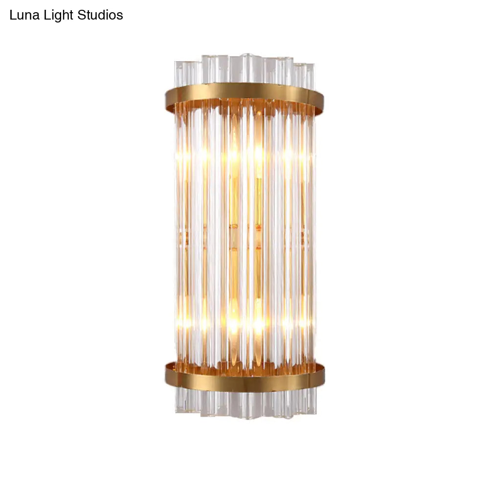 Modern 2-Head Tri-Sided Crystal Rod Cylinder Wall Mount Sconce Light Fixture In Black/Gold