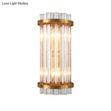 Modern 2-Head Tri-Sided Crystal Rod Cylinder Wall Mount Sconce Light Fixture In Black/Gold