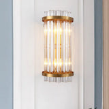 Modern 2-Head Tri-Sided Crystal Rod Cylinder Wall Mount Sconce Light Fixture In Black/Gold Gold