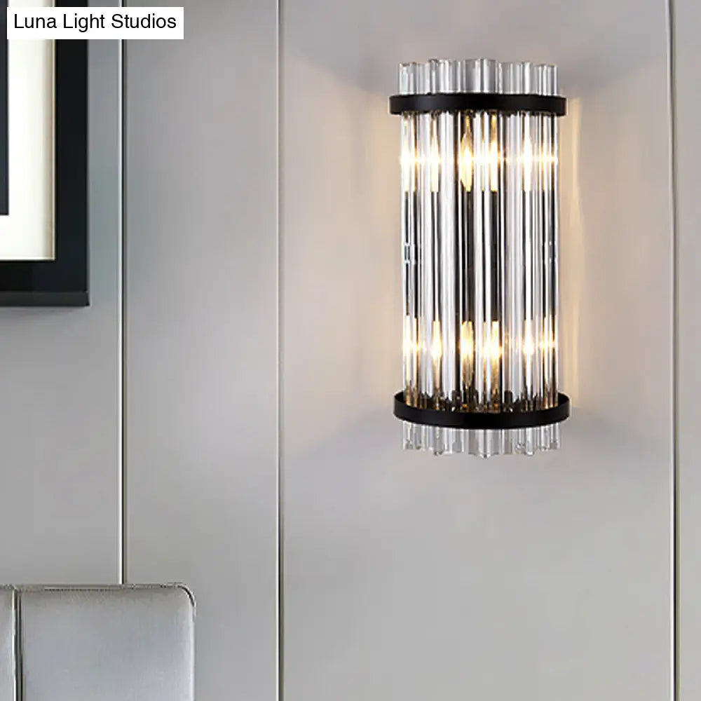 Modern 2-Head Tri-Sided Crystal Rod Cylinder Wall Mount Sconce Light Fixture In Black/Gold