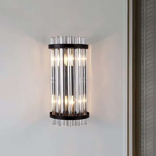 Modern 2-Head Tri-Sided Crystal Rod Cylinder Wall Mount Sconce Light Fixture In Black/Gold Black