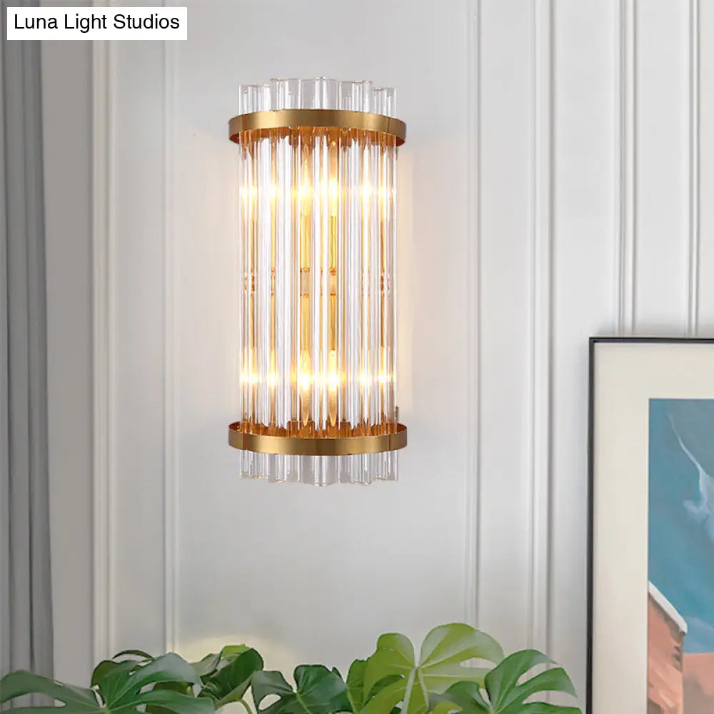 Modern 2-Head Tri-Sided Crystal Rod Cylinder Wall Mount Sconce Light Fixture In Black/Gold