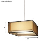 Modern 2-Layer Chandelier: Rectangle/Round Design 3 Bulbs - Flaxen Fabric Dining Room Ceiling Lamp