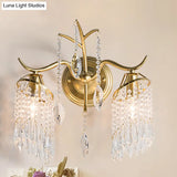 Modern 2-Light Crystal Shade Wall Sconce With Brass Branch Fixture