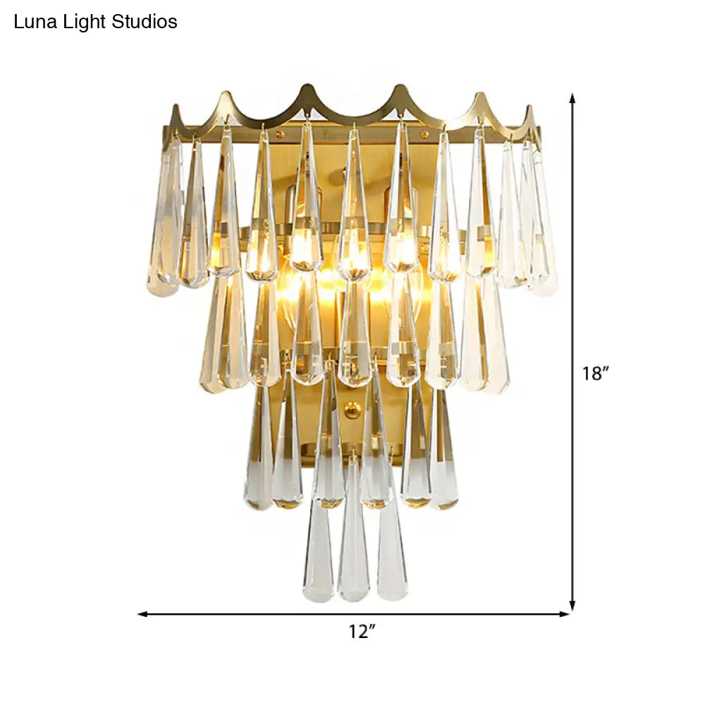 Modern 2-Light Metal Wall Fixture With Crystal Teardrop Shade And Golden Finish