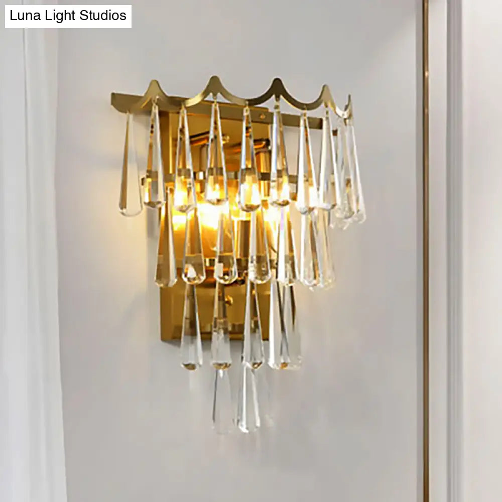 Modern 2-Light Metal Wall Fixture With Crystal Teardrop Shade And Golden Finish