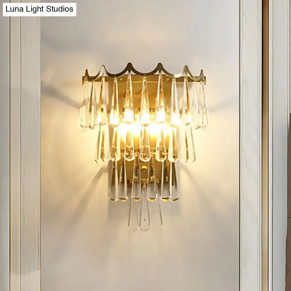 Modern 2-Light Metal Wall Fixture With Crystal Teardrop Shade And Golden Finish