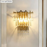 Modern 2-Light Metal Wall Fixture With Crystal Teardrop Shade And Golden Finish