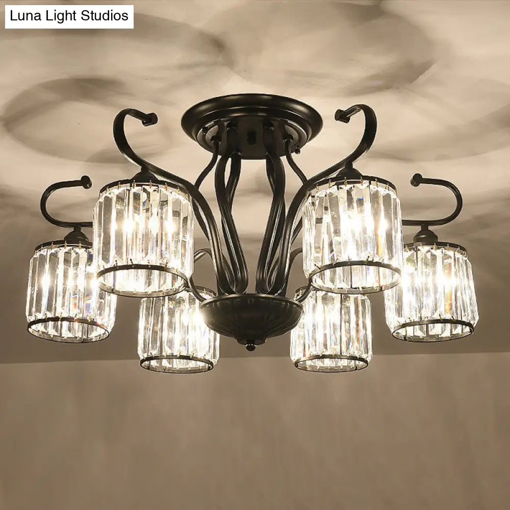 Modern 3/6-Light Cylindrical Crystal Semi Mount Ceiling Light - Black For Living Room