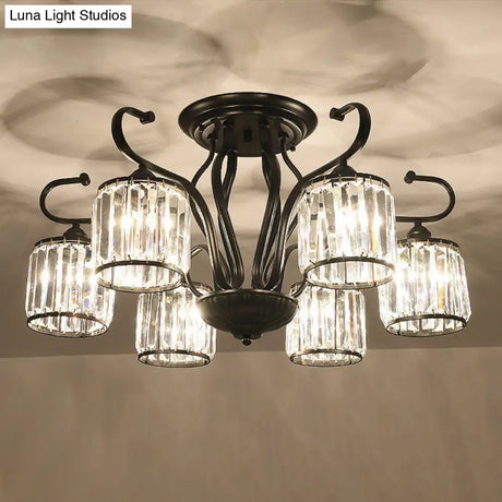 Modern 3/6-Light Cylindrical Crystal Semi Mount Ceiling Light - Black For Living Room