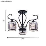 Modern 3/6-Light Cylindrical Crystal Semi Mount Ceiling Light - Black For Living Room