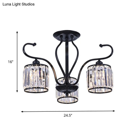 Modern 3/6-Light Cylindrical Crystal Semi Mount Ceiling Light - Black For Living Room