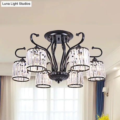 Modern 3/6-Light Cylindrical Crystal Semi Mount Ceiling Light - Black For Living Room