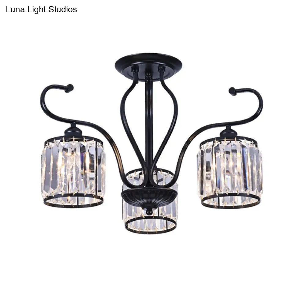 Modern 3/6-Light Cylindrical Crystal Semi Mount Ceiling Light - Black For Living Room