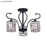 Modern 3/6-Light Cylindrical Crystal Semi Mount Ceiling Light - Black For Living Room